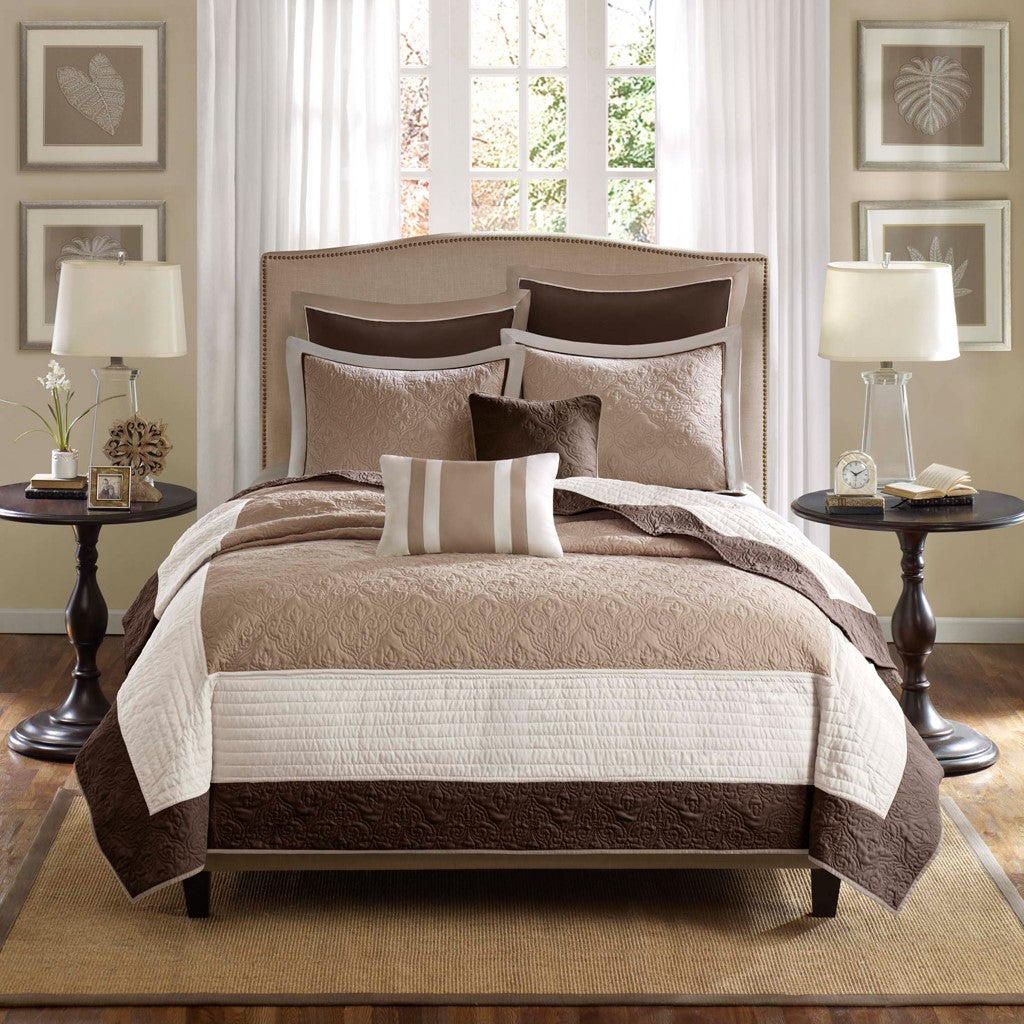 King Size Cotton Quilt Set Beige 7 Piece Reversible