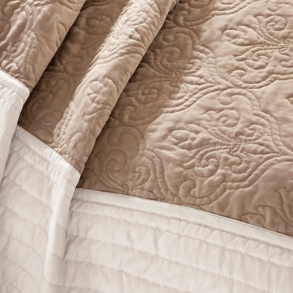 King Size Cotton Quilt Set Beige 7 Piece Reversible