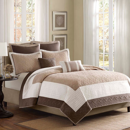 7 Piece Quilt Set with Euro Shams and Throw Pillows Beige King/Cal King