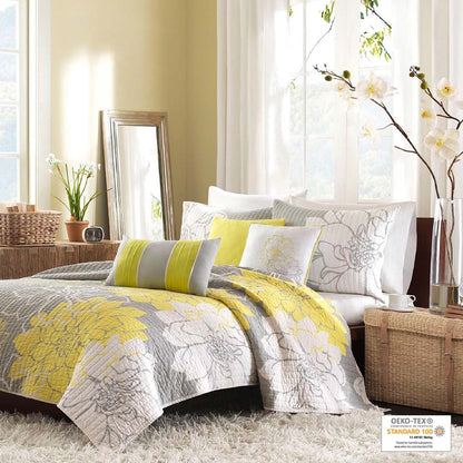 King Cotton Quilt Set Yellow Grey Floral Bedding