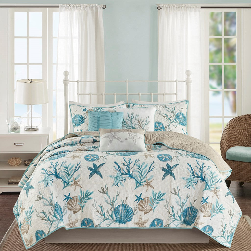 King Size Aqua Cotton Sateen Quilt Set