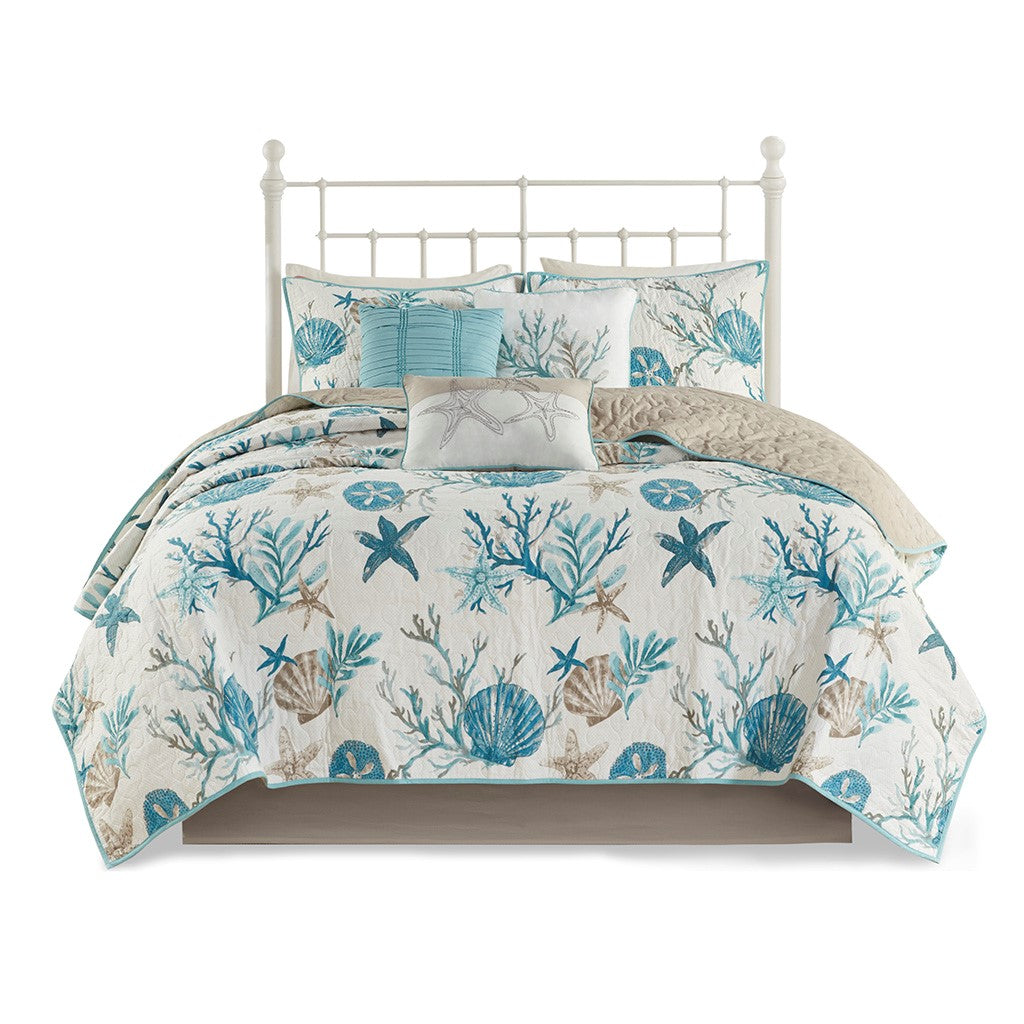 King Size Aqua Cotton Sateen Quilt Set