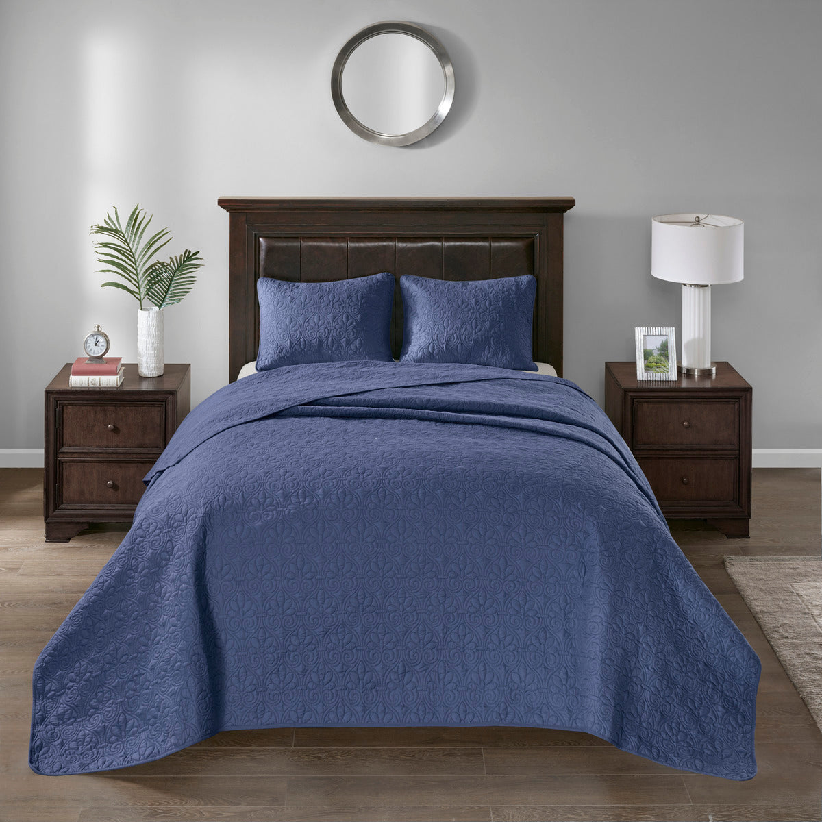 Navy Queen Reversible Bedspread Set - Cotton Comfort