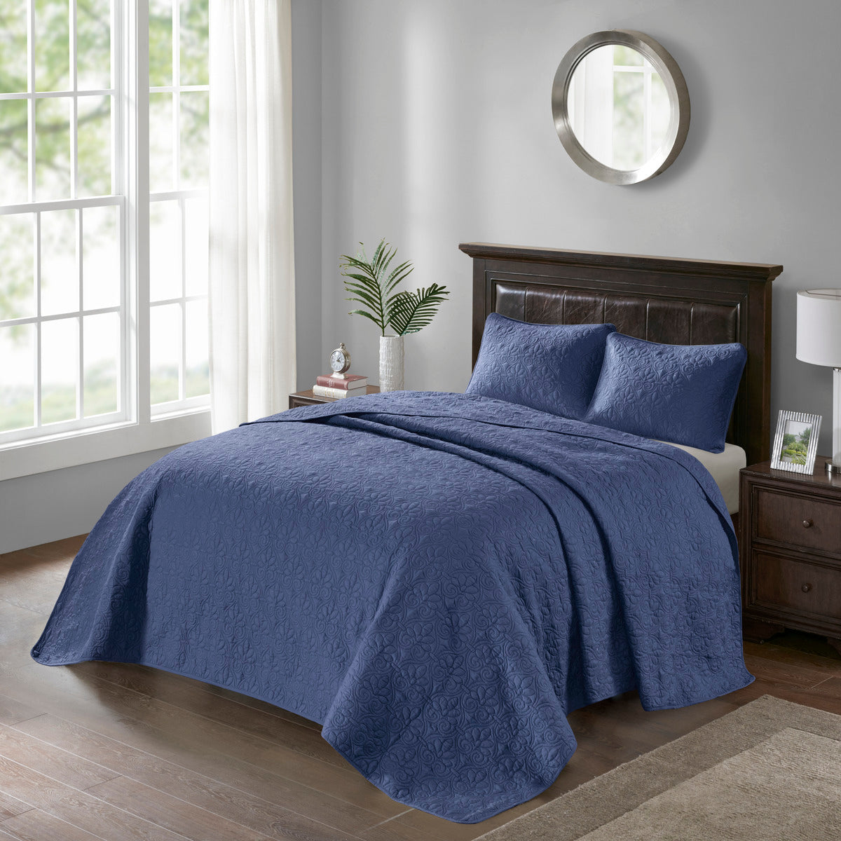 Navy Queen Reversible Bedspread Set - Cotton Comfort