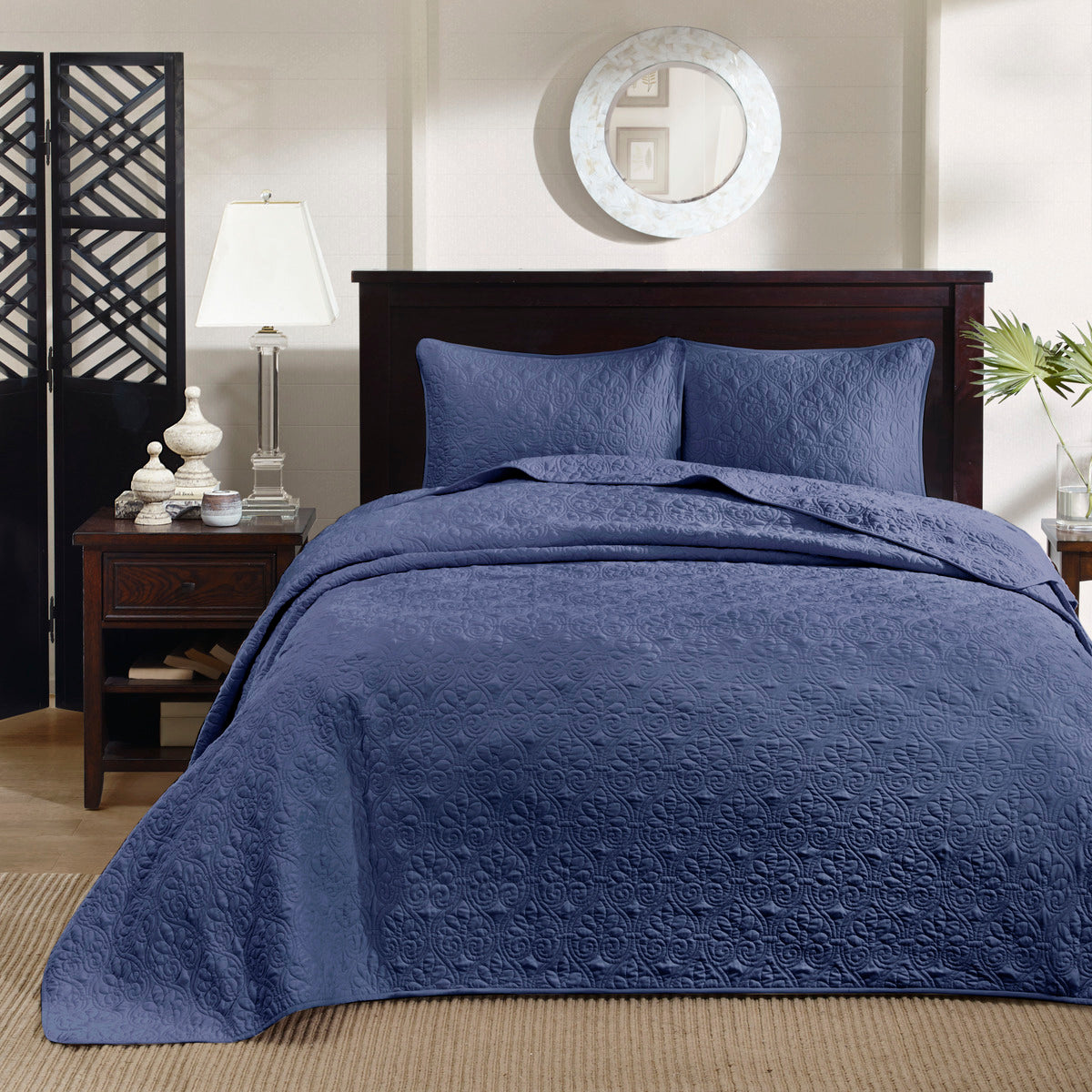 Navy Queen Reversible Bedspread Set - Cotton Comfort