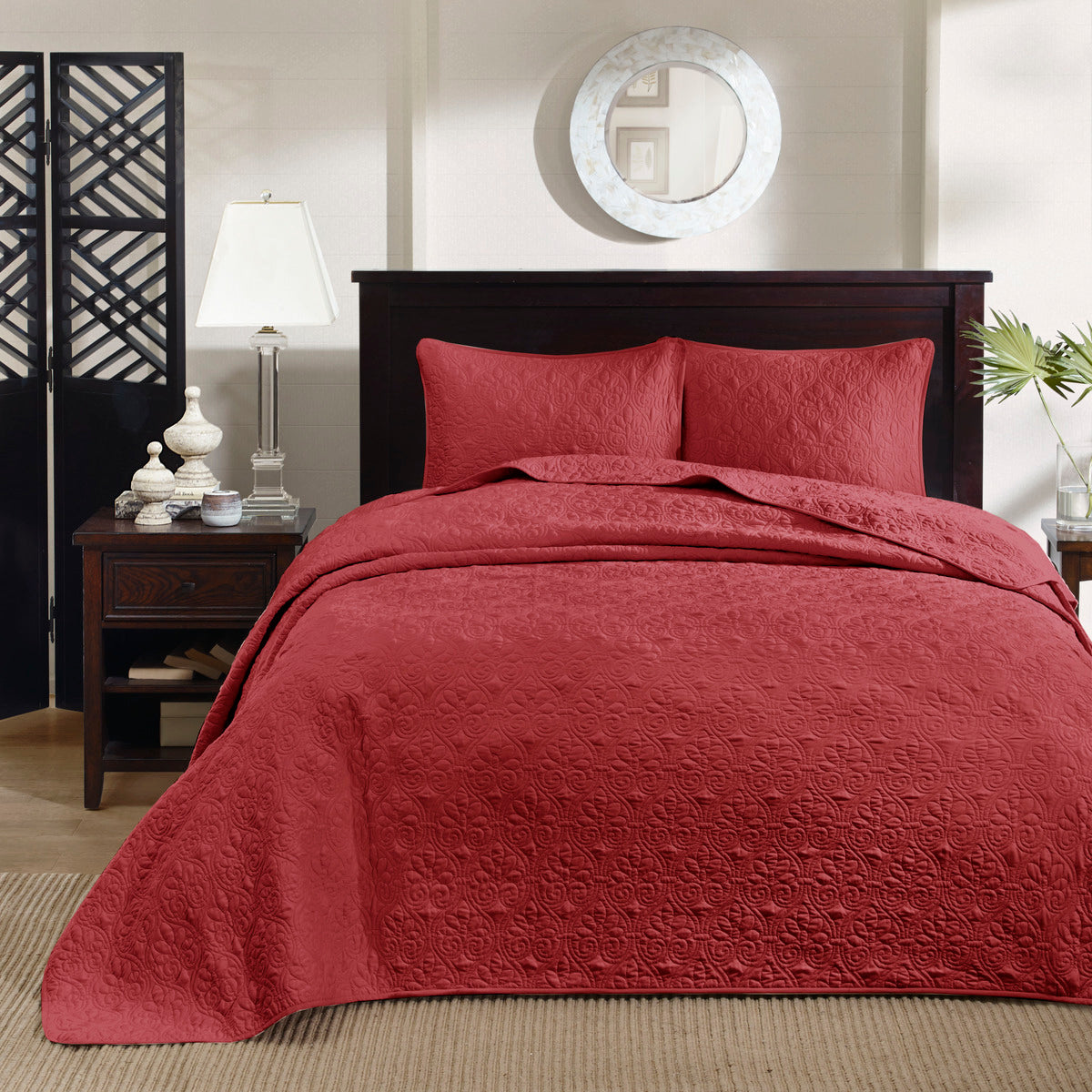 Red Cotton King Bedspread Set - 3 Piece Reversible