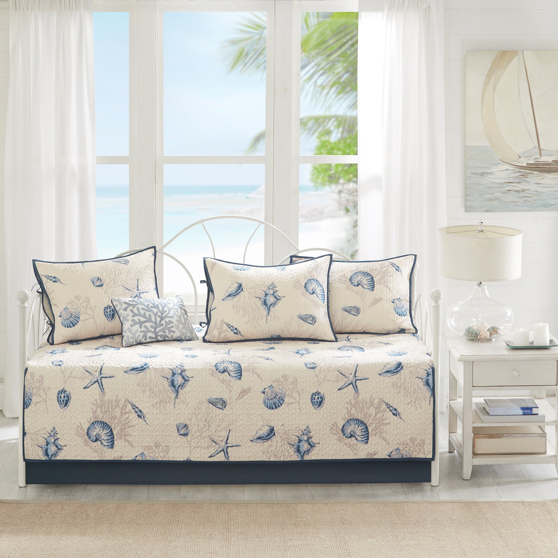 6 Piece Coastal Daybed Cover Set - Blue Microfiber