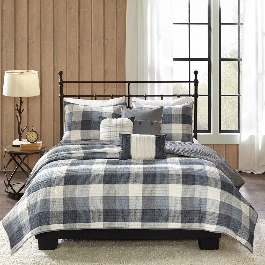Grey King/Cal King 6 Piece Buffalo Plaid Quilt Set