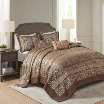 5 Piece Reversible Jacquard Bedspread Set Brown/Gold King