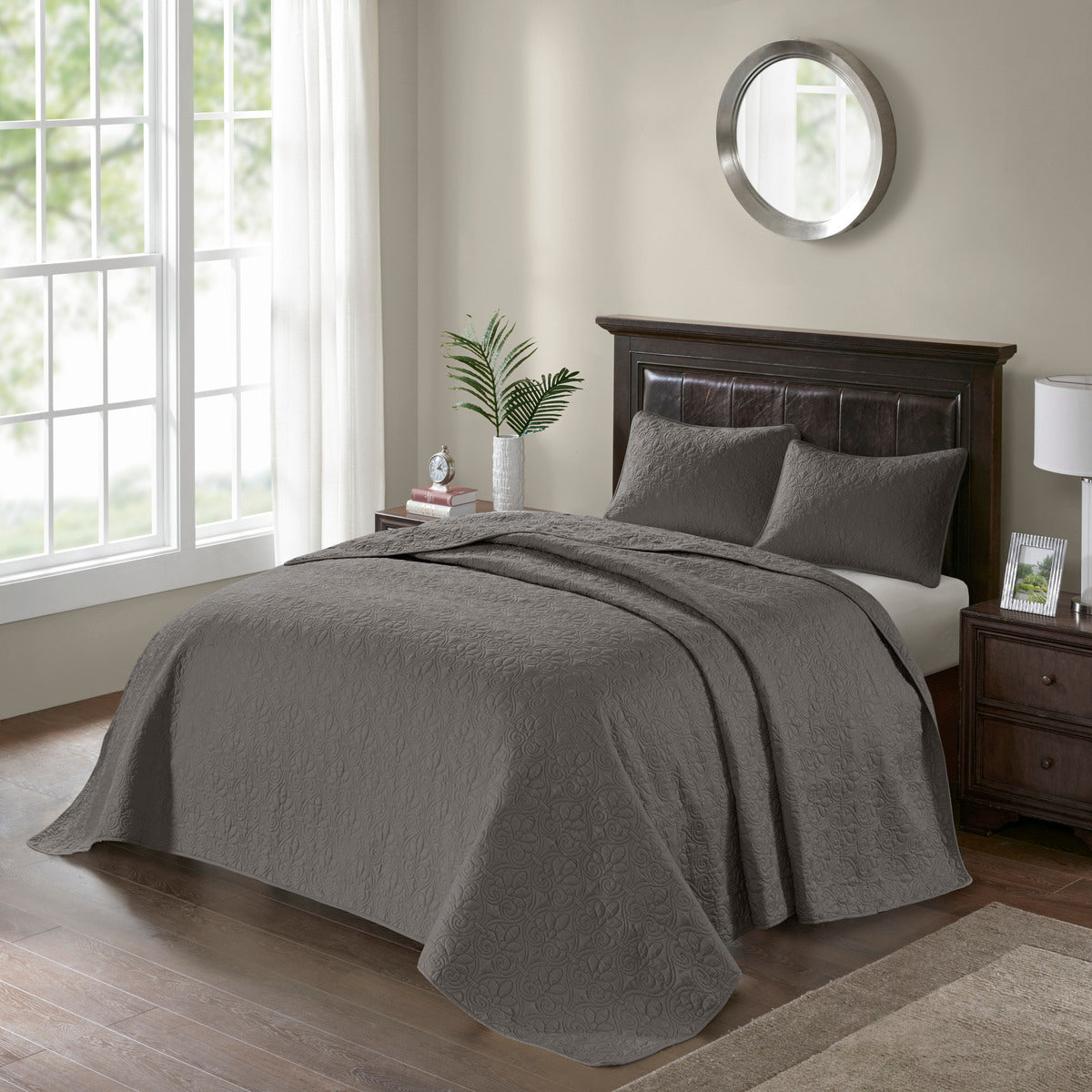 Dark Grey Cotton King Bedspread Set - 3 Piece Reversible