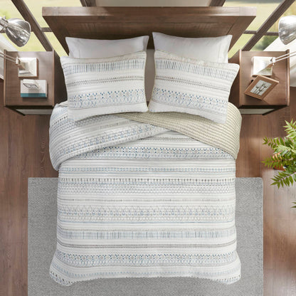 Full/Queen Seersucker Quilt Set - Taupe & Blue Comfort