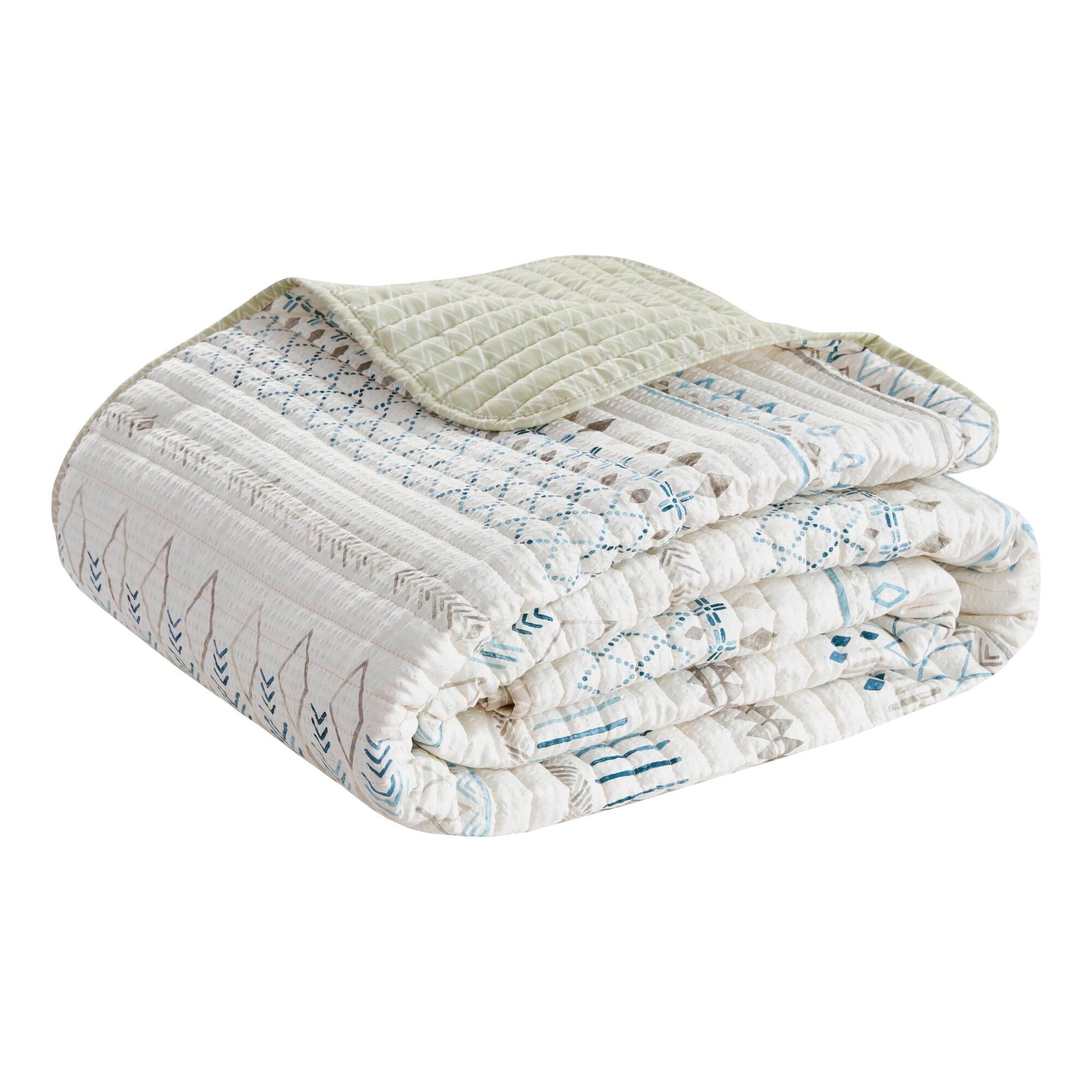 Full/Queen Seersucker Quilt Set - Taupe & Blue Comfort