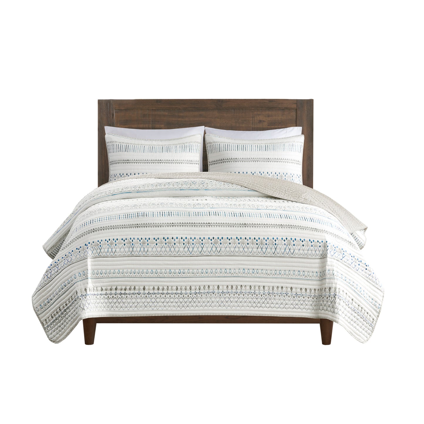 Full/Queen Seersucker Quilt Set - Taupe & Blue Comfort
