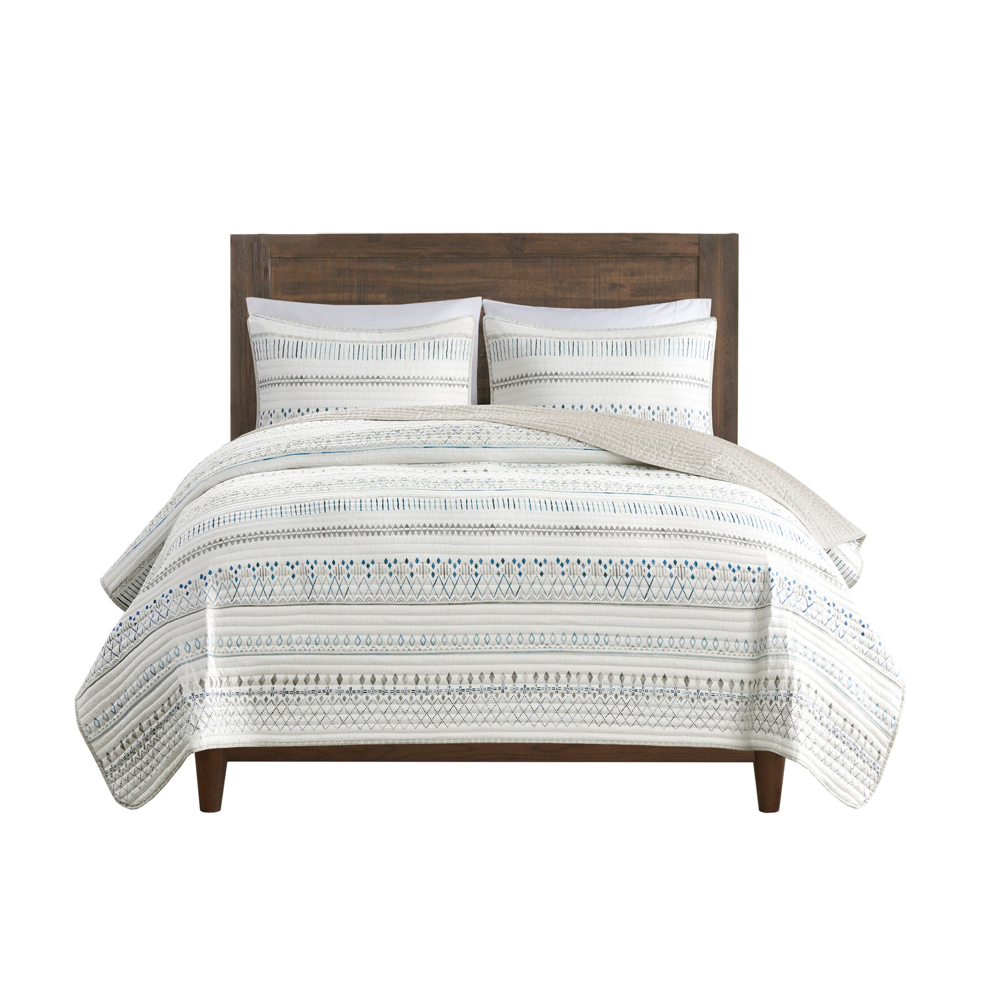 Full/Queen Seersucker Quilt Set - Taupe & Blue Comfort