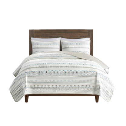 Full/Queen Seersucker Quilt Set - Taupe & Blue Comfort