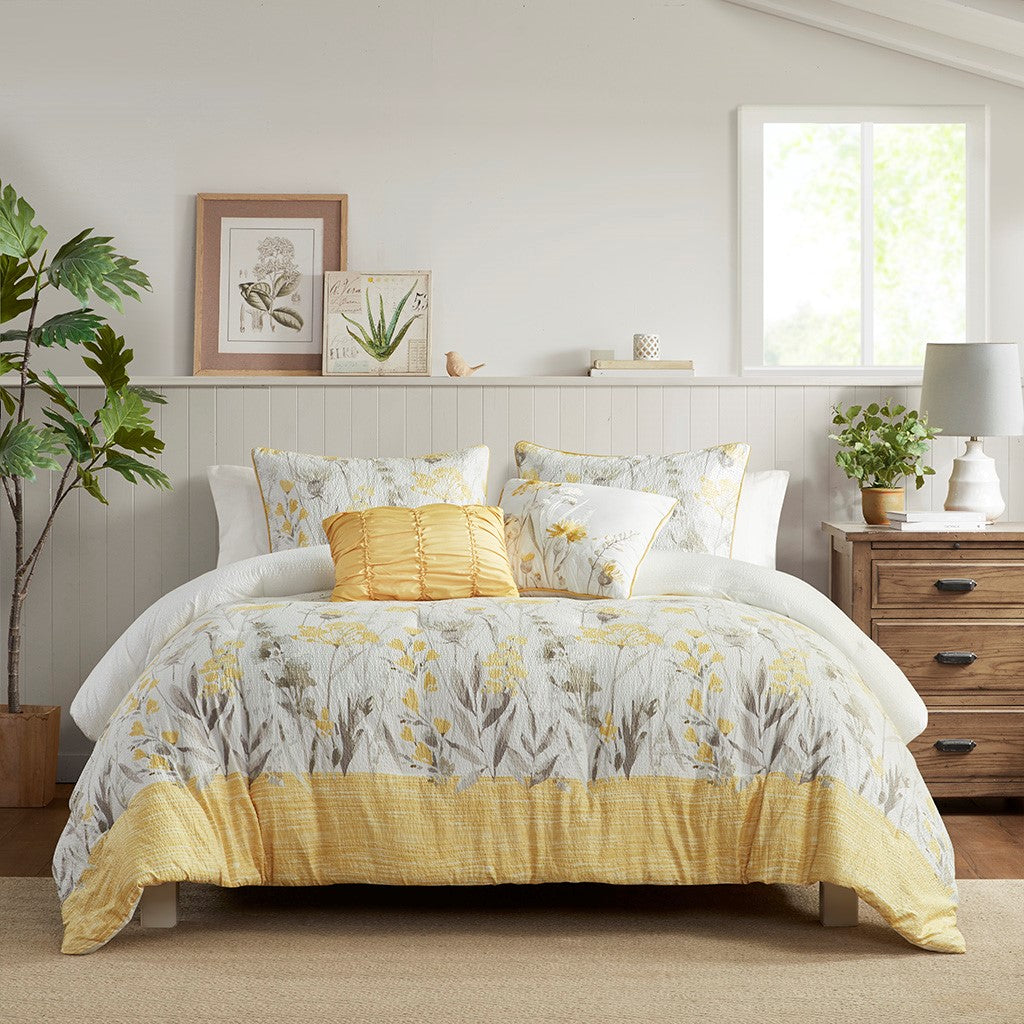 5 Piece Yellow Seersucker Comforter Set - Full/Queen