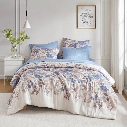 Floral Comforter Set with Bed Sheets Blue Queen