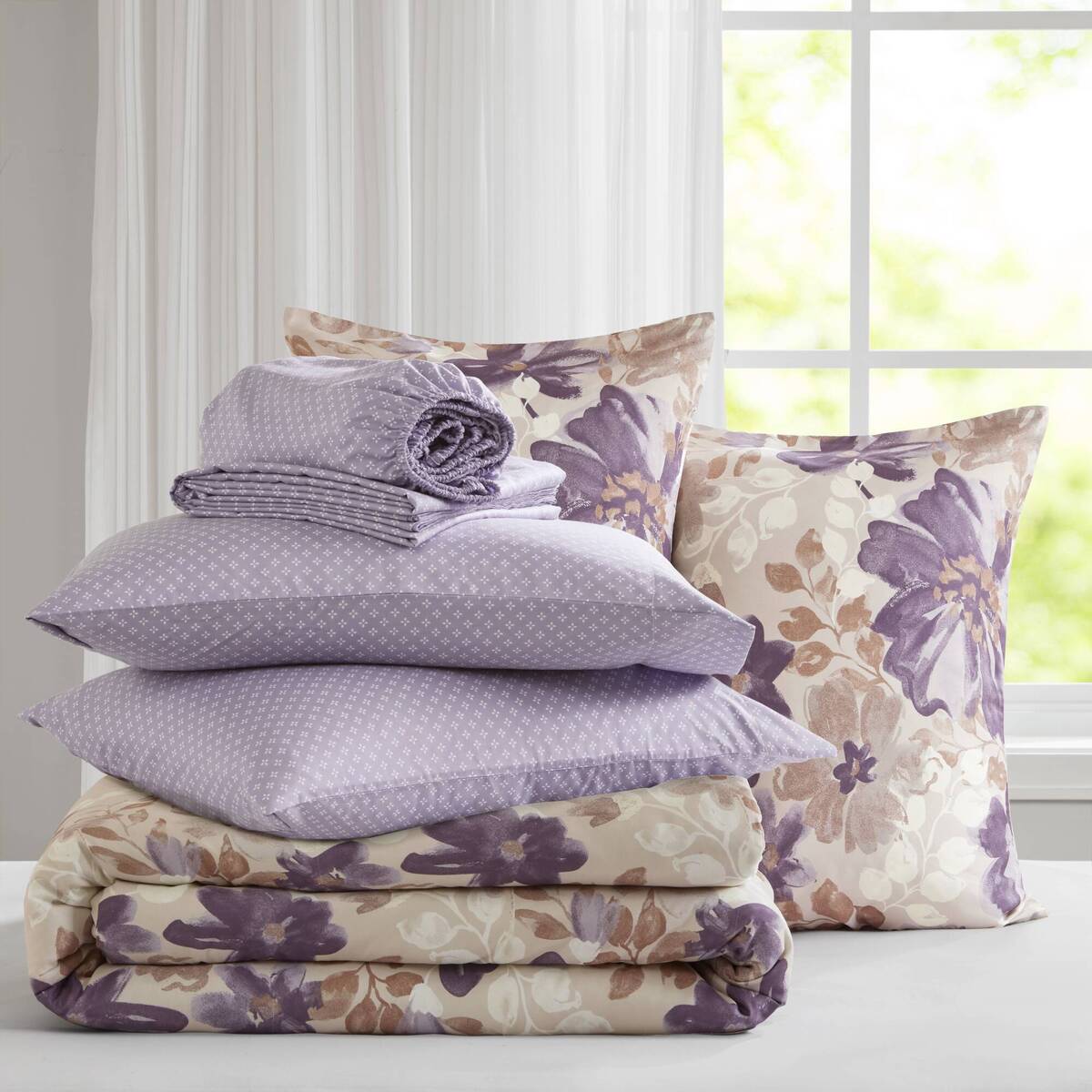 King Taupe Floral Bed In A Bag Set for Bedrooms