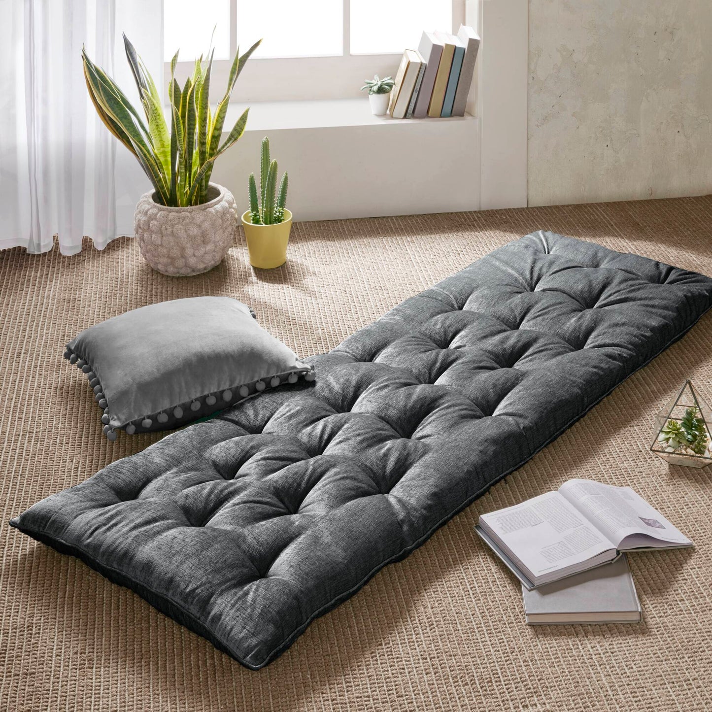 Charcoal Polyester Lounge Floor Pillow Cushion 27x74", Travel Wrap Included