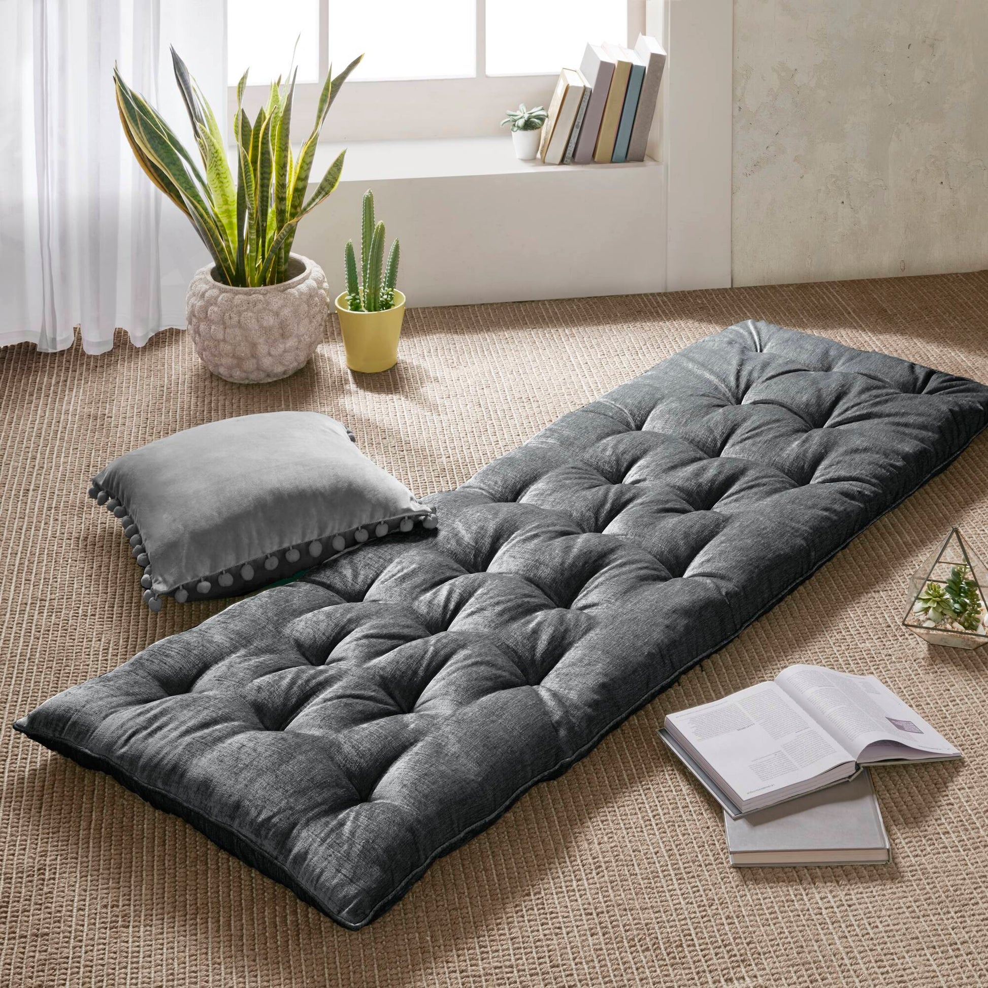 Charcoal Polyester Lounge Floor Pillow Cushion 27x74", Travel Wrap Included