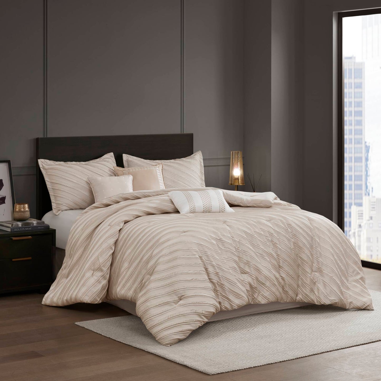 7 PCS Queen Comforter Set Beige