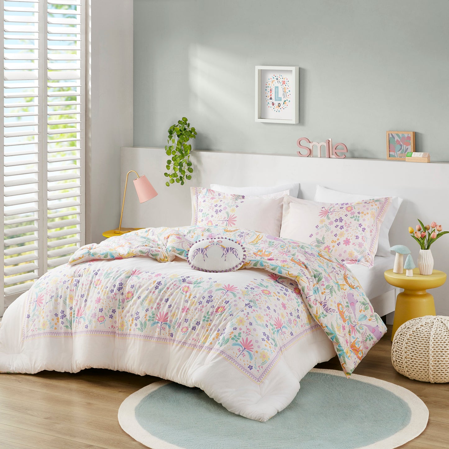 3 PCS Twin Floral Reversible Cotton Comforter Set with Throw Pillow Purple