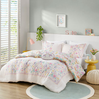 4 PCS Full/Queen Floral Reversible Cotton Comforter Set with Throw Pillow Purple