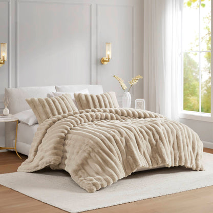 3 PCS King  soft Faux Fur Ribbed Comforter Set Taupe