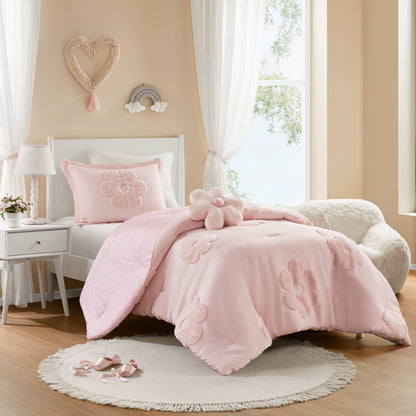 3-Piece Twin Floral Reversible Tufted Chenille Comforter Set with Flower Throw Pillow,Pink
