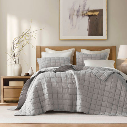 3-Piece King/Cal King Linen Garment Washed Quilt Set,Gray