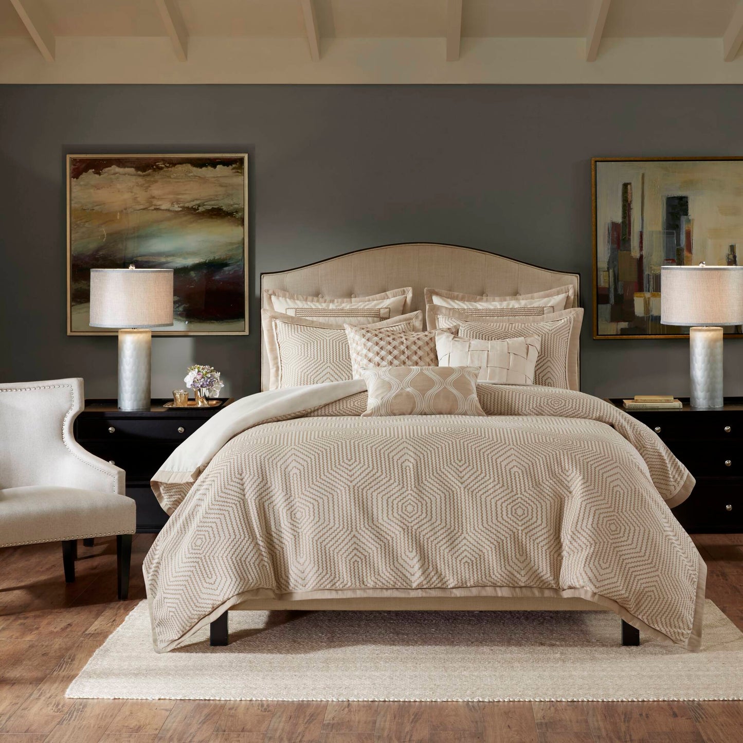 Queen Polyester Bedding Set Tan Ivory 8 Piece Comforter