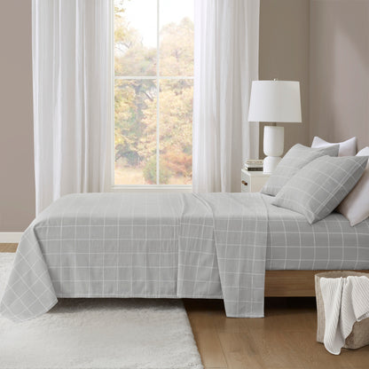 4-Piece Cal King 100% Cotton Printed Sheet Set, Grey Windowpane