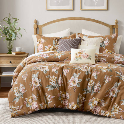 7-Piece Queen Vin Floral Comforter Set, Terracotta