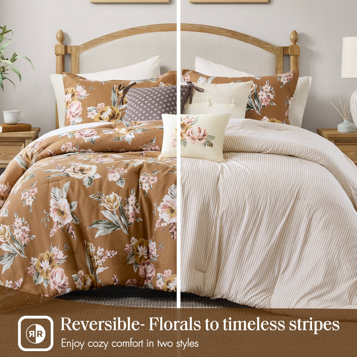7-Piece Queen Vin Floral Comforter Set, Terracotta