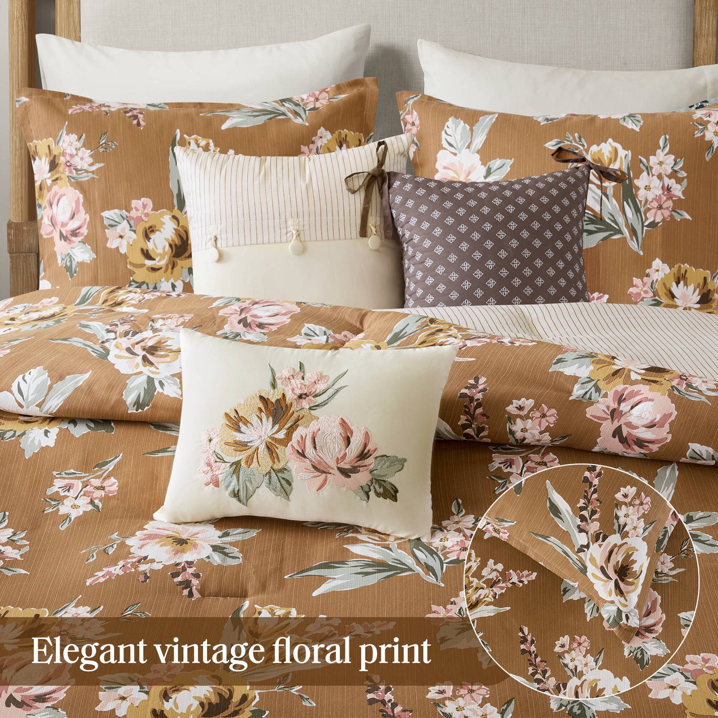 7-Piece Queen Vin Floral Comforter Set, Terracotta
