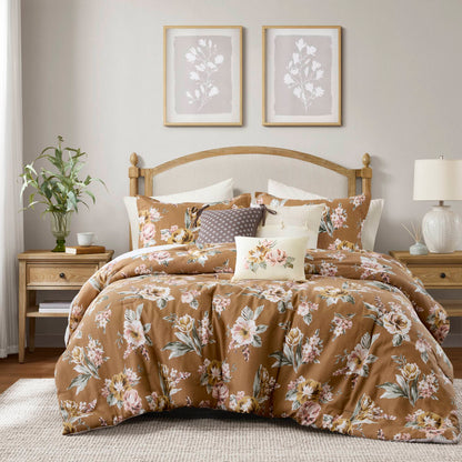 7-Piece Queen Vin  Floral Comforter Set, Terracotta