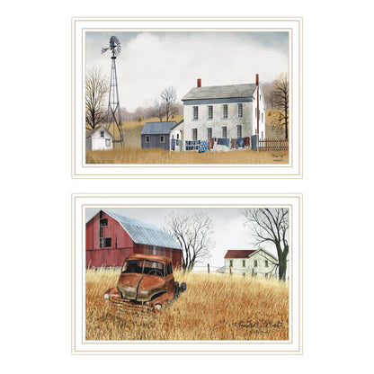 Trendy Decor 4U 2- Piece Vignette Washday and Granddad's Old Truck White Framed Wall Art for Living Room, Bedroom Wall Art Print for Home Decor by Billy Jacobs