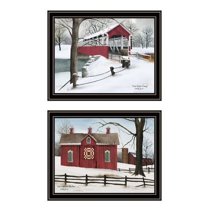 Trendy Decor 4U 2- Piece Vignette Lovers Knot Quilt Barn, Covered Bridge Black Framed Wall Art for Living Room, Bedroom Wall Art Print for Home Decor by Billy Jacobs