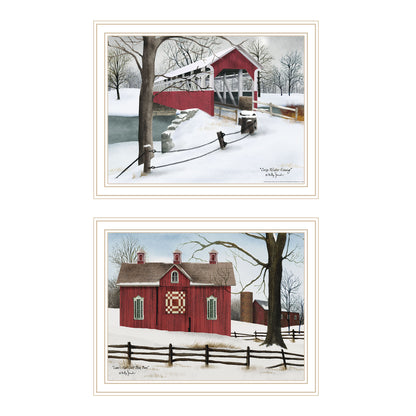 Trendy Decor 4U 2- Piece Vignette Lovers Knot Quilt Barn, Covered Bridge White Framed Wall Art for Living Room, Bedroom Wall Art Print for Home Decor by Billy Jacobs