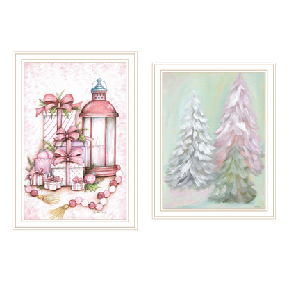 Trendy Decor 4U 2- Piece Vignette Pink Candy Land Christmas Trees White Framed Wall Art for Living Room, Bedroom Wall Art Print for Home Decor by Mary June