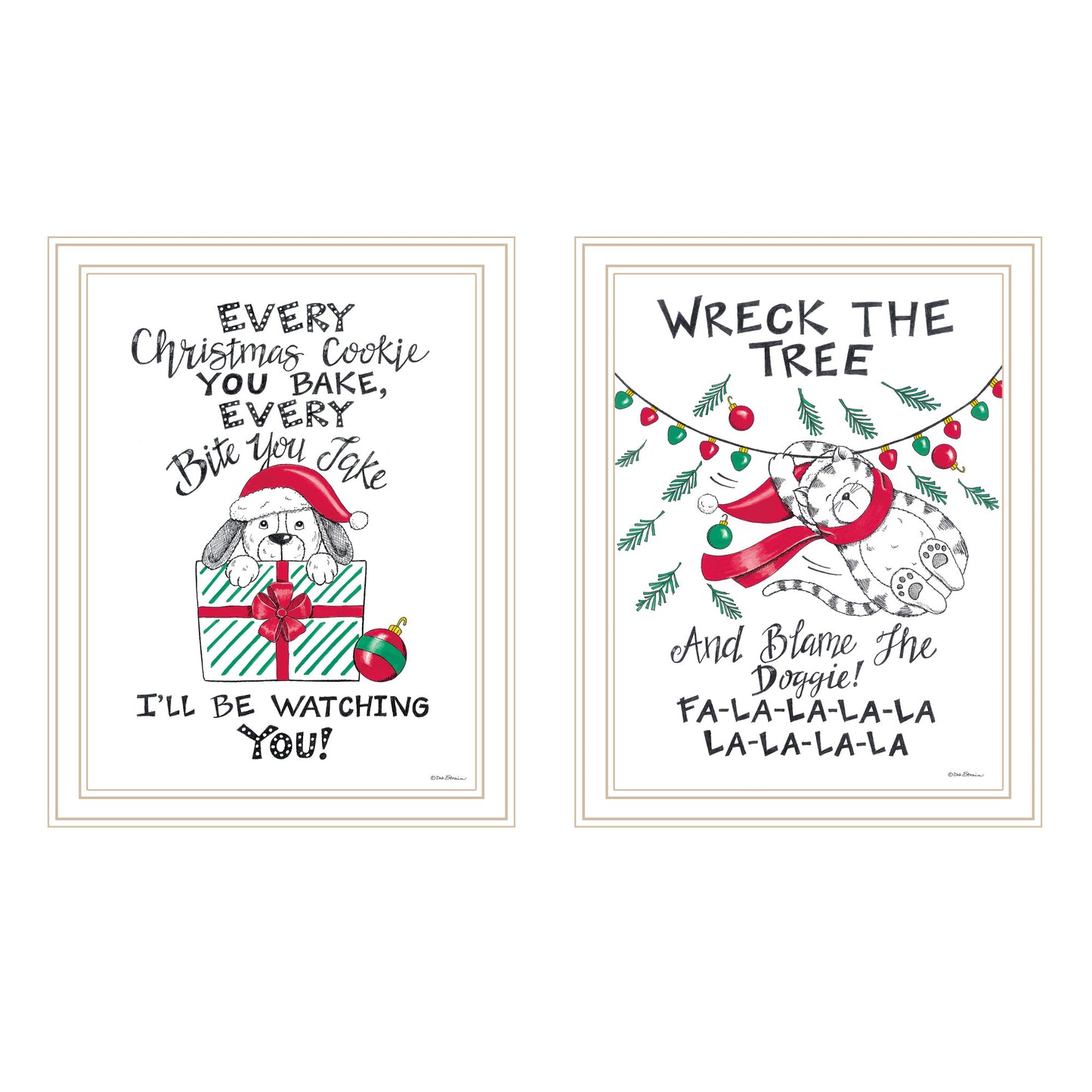 Trendy Decor 4U 2- Piece Vignette Cat & Dog Christmas Enjoyment White Framed Wall Art for Living Room, Bedroom Wall Art Print for Home Decor by Deb Strain