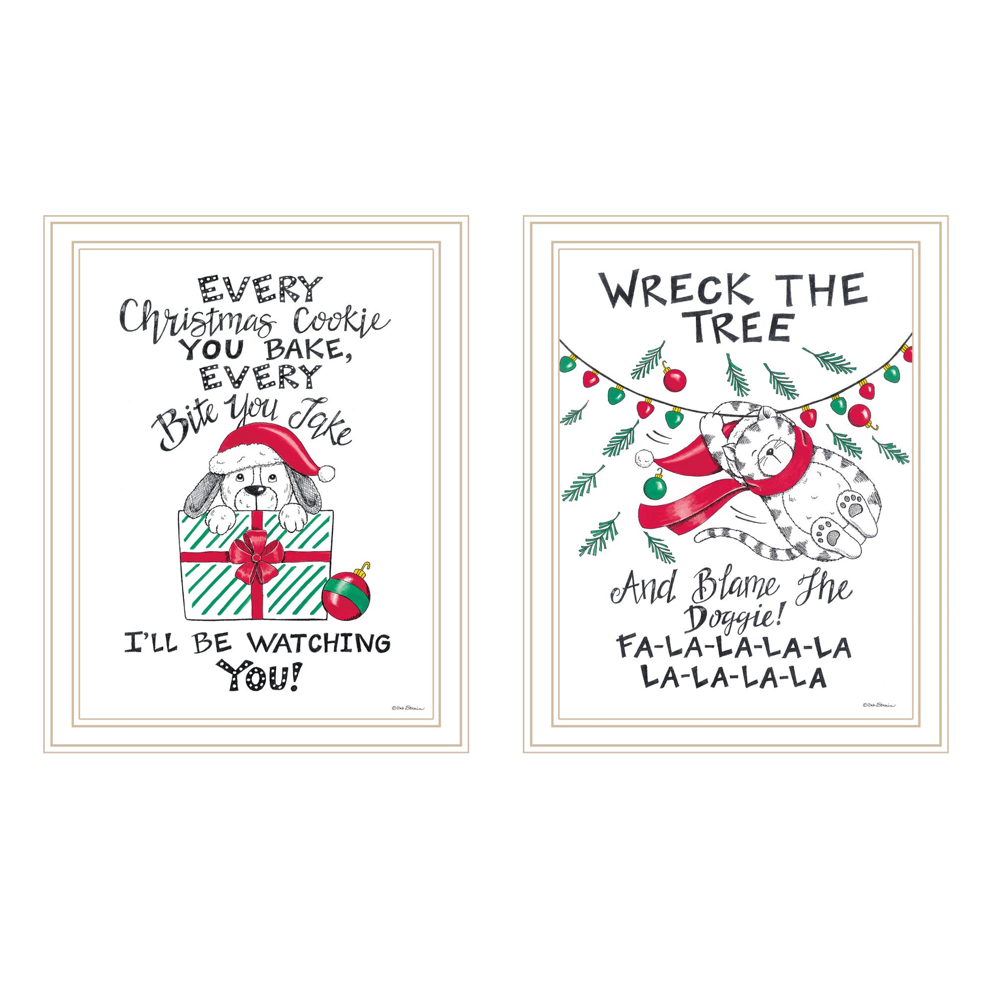 Trendy Decor 4U 2- Piece Vignette Cat & Dog Christmas Enjoyment White Framed Wall Art for Living Room, Bedroom Wall Art Print for Home Decor by Deb Strain