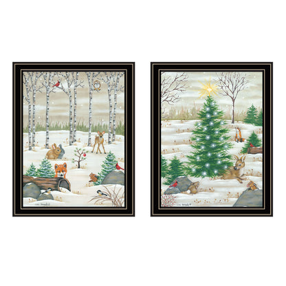 Trendy Decor 4U 2- Piece Vignette Woodland "Critters for Christmas" Black Framed Wall Art for Living Room, Bedroom Wall Art Print for Home Decor by Lisa Kennedy