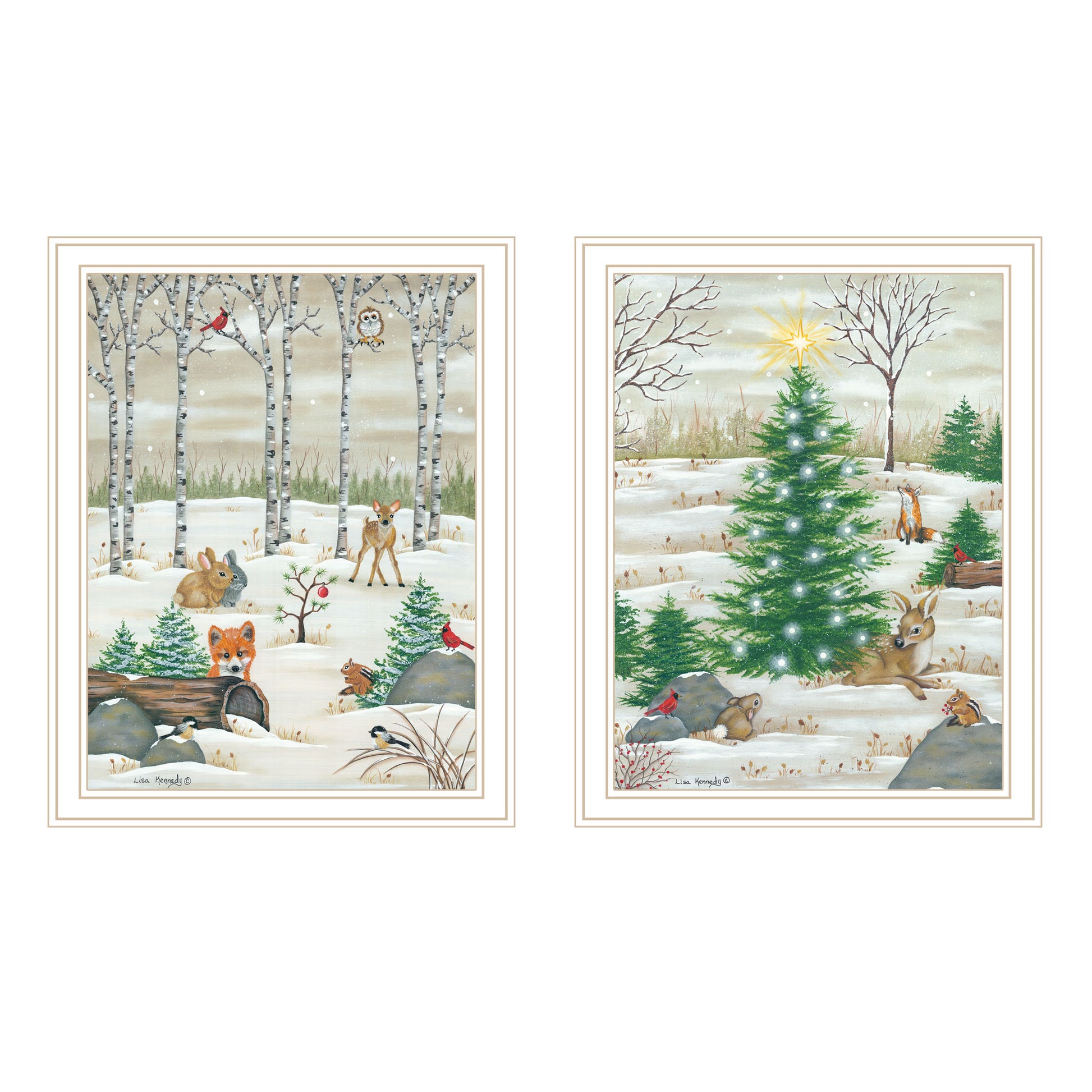 Trendy Decor 4U 2- Piece Vignette Woodland "Critters for Christmas" White Framed Wall Art for Living Room, Bedroom Wall Art Print for Home Decor by Lisa Kennedy