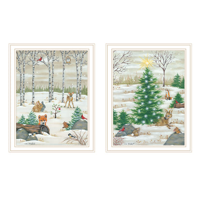 Trendy Decor 4U 2- Piece Vignette Woodland "Critters for Christmas" White Framed Wall Art for Living Room, Bedroom Wall Art Print for Home Decor by Lisa Kennedy