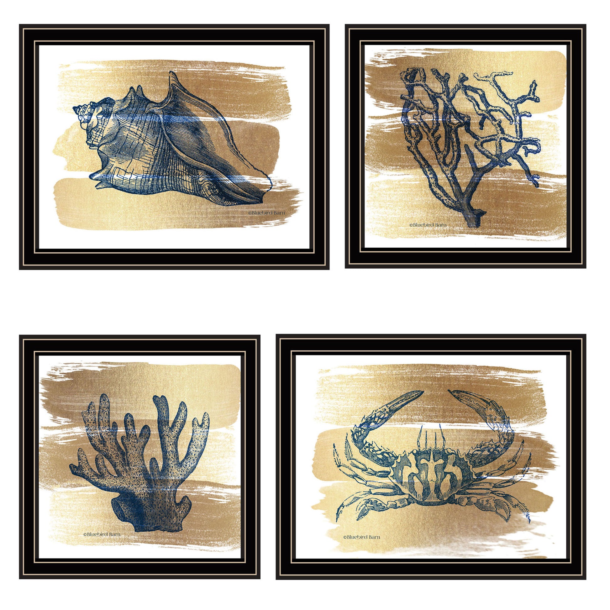 Trendy Decor 4U 4-PC Vignette Gold Sea Collection Black Framed Wall Art for Living Room, Bedroom Wall Art Print for Home Decor by Bluebird Barn
