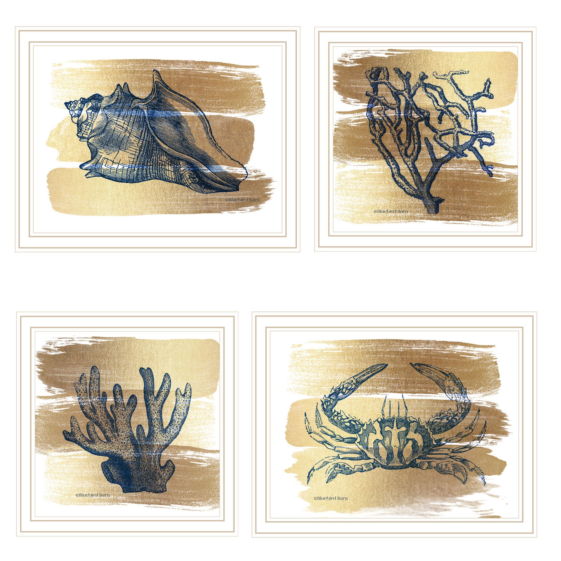 Trendy Decor 4U 4-PC Vignette Gold Sea Collection White Framed Wall Art for Living Room, Bedroom Wall Art Print for Home Decor by Bluebird Barn
