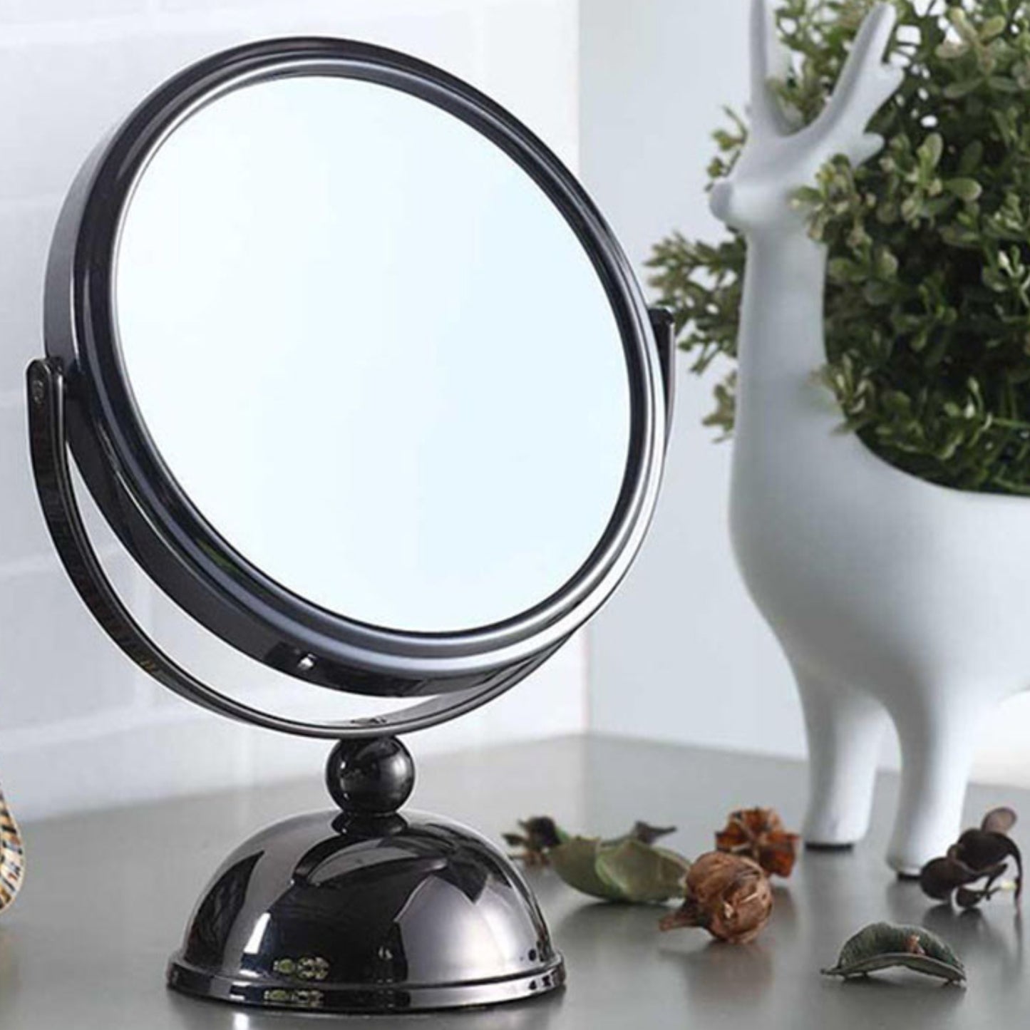 Gunmetal Makeup Mirror with 5x Magnification - 6.5" Diameter