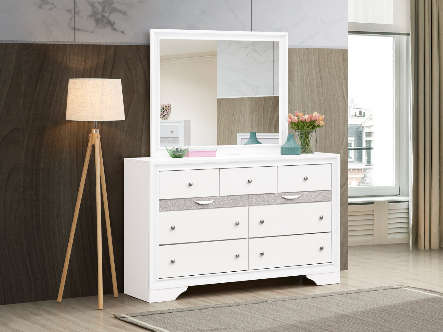 White Mirror Vanity with Wood Frame - 37"H x 46"W