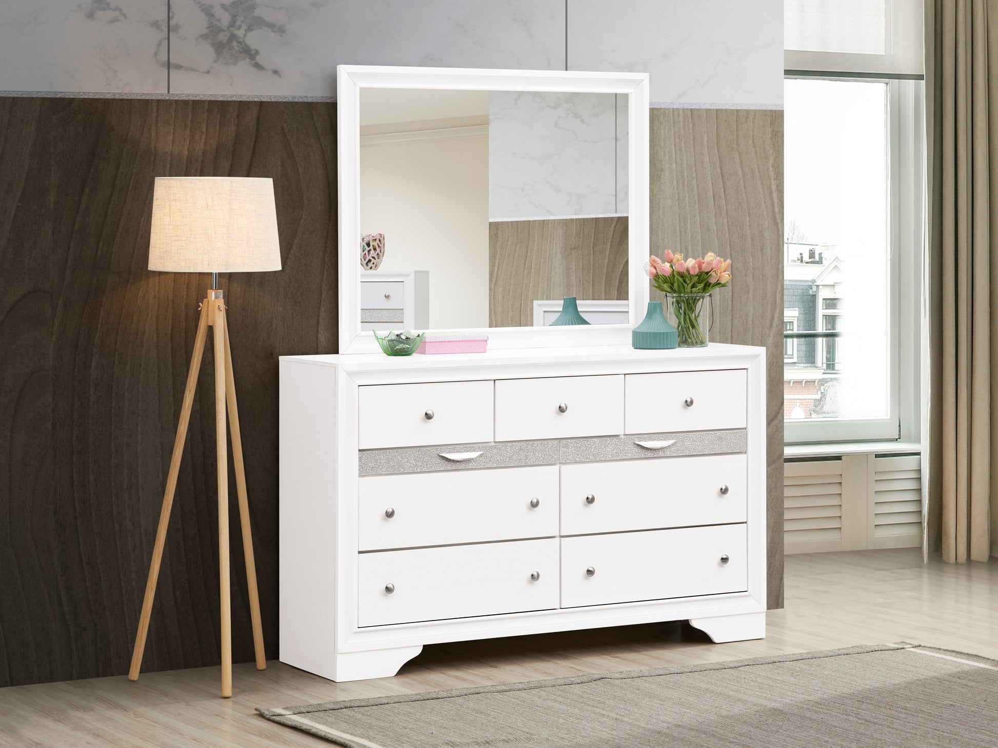 White Mirror Vanity with Wood Frame - 37"H x 46"W